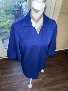 JODIFL Royal Blue V-Neck Collared Long Sleeve Top